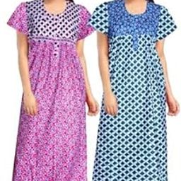 Permium Combo Cotton Long Half Sleeve Printed Nighty for Women-DarkBlue-Purple-image-36