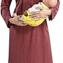 Full Sleeves Maternity Nighty/Nightdress/Nightwear for Women | Hosiery Fabric | Embroidery Over Neckline with Zip | Feeding Nursing Gown | Free Size (Maroon)-image-29