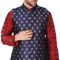 Men's Jacquard Self-Design Sleeveless Mandarin Neck Waistcoat (NavyBlue-Gold, 40)-PID57151-image-77