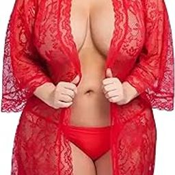 Women's Net and Lace Solid Above Knee Babydoll Dress | Short Nighty Nightwear | Robe with Panty | Sexy Plus Size, Free Size S to XXL RED-picture-12