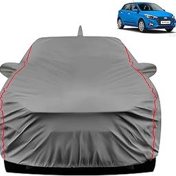 FABTEC Car Body Cover for Hyundai Elite i20 100% Waterproof Car Cover with Mirror and Antenna Pocket with Ultra Soft Inner Cotton Lining All Weather Protection Peva Grey with Red Piping-15