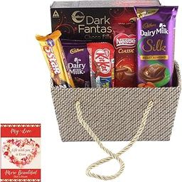 SFU E Com Chocolate Gift Hamper With Handmade Basket | Valentine Chocolate With Love Greeting Card | Valentine Chocolate Hamper | 825-21