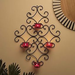 Homesake® 4-Votive TeaLight Candle Holder for Home Decoration Moroccan Red Glass, for Home, Room, Bedroom, Birthday, Diwali Decoration Made in India Products | Pack of 4 with Stand Wall Art-image-18