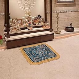 Heart Home Velvet Finish pooja mat for sitting on floor | Traditional Rangoli Print Aasan Puja Cloth for Home Mandir | Suitable for Prayer & Meditation | Golden Firozi-image-78