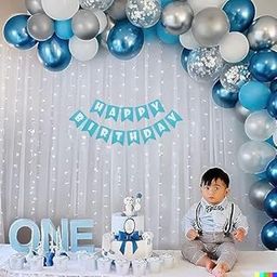 The Banner Company Birthday Decoration Kit for boys with white net curtain, Silver, White & blue Balloons & LED Decorative lights (40Ft Long),1st birthday decoration items for baby boy, Birthday Decor-image-92