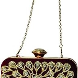 Velvet Evening Clutch Bag with Gold Handmade Embroidery, Crystal Clasp, Metal Handle, 27 x 15 x 10 cm, Dark Red-image-31
