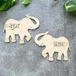 NIYA KRAFTS Wooden Elephant Wall Decoration, Shubh Labh Design, 10 x 10 cm, Natural Brown MDF, Set of 2-image-25