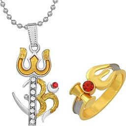 Silver plated Enamelled Brass Trishul Damru pendant and Finger ring Men Women-1