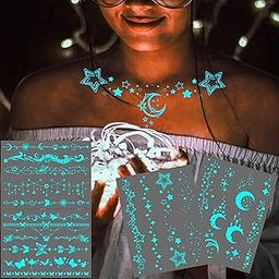 MAYCREATE® 4 Sheets Temporary Tattoos For Women Girls Luminous Star Crescent Moon Clavicle Neck Butterfly Planet Fake Necklace Glow In The Dark Tattoo Sticker Night Glitter Party Supply-picture-52