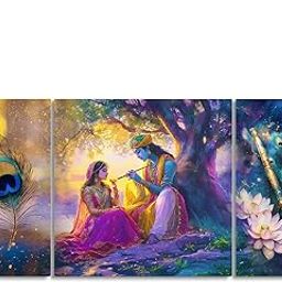 FIVE KRAFT Luxury Radha Krishna Wall Art Set of 3 Glass Finishing Acrylic Painting with Flute, Lotus & Peacock Feather | Home Decor, Living Room & Gift Purpose | 48x24 Inches-image-81