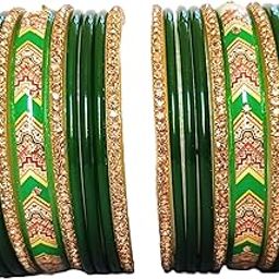 Women’s Green Glass Bangles & Golden Zircon Glass Bangle Border with Kangan Kada Set –Traditional Indian Jewelry Set, Bangle Set Of 22 Pieces-image-75