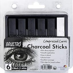 BRUSTRO Artist Compressed Carre Charcoal Sticks - Set of 6 (5 Black & 1 White Stick) | Ideal for Portrait Charcoal Art, Sketching, Shading, Blending, Drawing, Craft, Professional use.-0