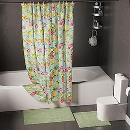 Encasa XO Bathroom Combo | Waterproof Shower Curtain 7 ft - (140x183 cm), 12 Hooks Included with Anti-Skid Cotton Bathmat (80x50 cm) & U-Shaped Contour Rugs (45x45 cm) | Pineapple Combo-image-28
