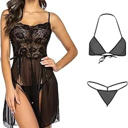 xs and os Combo of Women lace Babydoll Lingerie with Panty and Net Bikini Bra g-String Panty Lingerie Set-picture-5