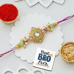 eCraftIndia Beautiful Floral Rakhi for Brother | Raksha Bandhan Designer Rakhi for Bhaiya Bhabhi Bhai Kids | Best Bro Ever Fridge Magnet | Roli Chawal Pack-15