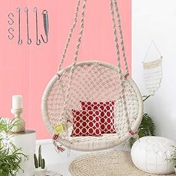 Curio Centre Make in India Round Cotton Home Swing & Hammock Chair with Complete Hanging Accessories Kit/Swing Chair Balcony/Swing Chair for Indoor for Outdoor(145Lx57Bx43H cm, White,100 kgs Capacity)-picture-20