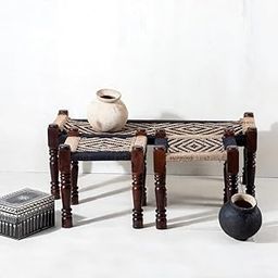 FURNWEAVE Solid Sheesham Wood Handmade Rajasthani Cotton and Jute Rope Bench with 2 Stools, Handcrafted Bench with 2 Stools for Patio, Living Room, Traditional Handwoven Wooden Furniture, Black Jute-image-3