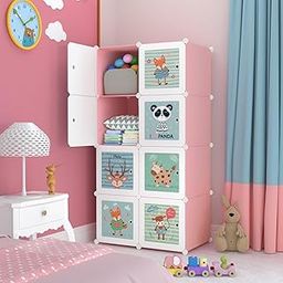 Keshav International Kid's Plastic Wardrobe Cabinet 8 Door Storage Organizer Almirah Rack Shelf for Clothes Living Room Bedroom (Pink)-image-91