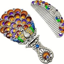 Comb and Mirror, Makeup Mirror Metal Hand Mirror & Comb Antique Comb & Mirror Set for Women & Girls (Multicolor)-picture-45