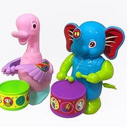 Deepsha Key Operated Drummer Toy for Toddlers | Cartoon Duck & Elephant with Drumming and Dancing Action | No Battery | Mechanical Musical Fun | Early Learning Gift for Kids (Multicolor)-image-65