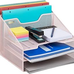 Mind Reader Network Collection, 3-Tier, 5-Compartment Desktop Organizer with 2 Vertical File Holders and 3 Horizontal Paper Trays, Desktop Organizer, Metal Mesh, 12.5" L x 11.5" W x 9.5" H, Pink-41