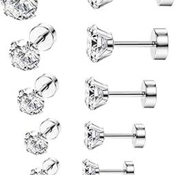 6 Pairs 18G Stainless Steel Ear Stud Piercing Barbell Studs Earrings Round Cubic Zirconia Inlaid-image-41