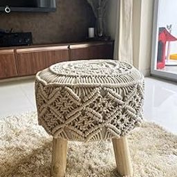 COTTONCUBE Premium Macrame Stool Large Sized And Strong With 4 Wooden Legs Dressing Table Stool 16 Inches (Set Of 1), Beige-image-85