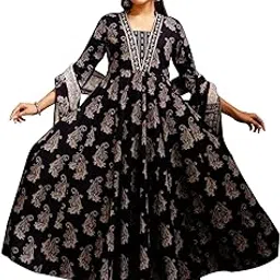 gulmohar jaipur Women's Cotton Calf Length Printed Flared Kurta Palazzo Dupatta Set-picture-2