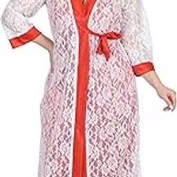 Women Satin Solid Nightwear Maxi Set Nighty with Net Sleep Robe for Women, Red-picture-44