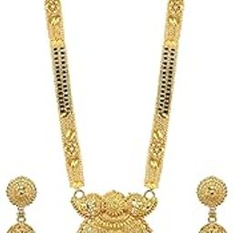 Traditional Gold Plated 30 inch Long 2 inch Earring Set Mangalsutra/Tanmaniya/nallapusalu/Black Beads Mangalsutr For Women and Girls-image-57