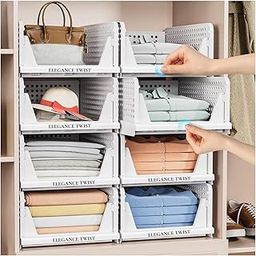 ELEGANCE TWIST Stackable Plastic Wardrobe Organizer Drawers for Clothes – Multipurpose Closet Storage Basket with Pull-Out Drawer, Foldable & Space Saving for Almirah, Home & Office (White, Pack of 4)-image-18