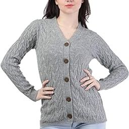 Women Full Sleeves Cable Button Acrylic V-Neck Sweater-image-19