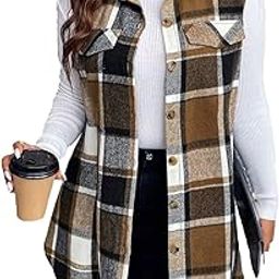 Flannel Vest for Women 2024 Fall Plaid Lightweight Long Fashion Casual Elegant Jacket with Pockets-24