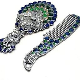 Gorgeous Vintage Peacock 1 Piece Mirror and 1 Combs | | Peacock Mirror, Metallic Silver, Gorgeous-picture-24