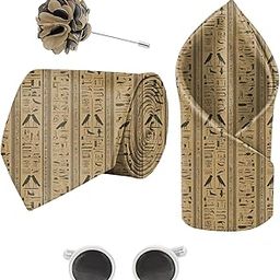 Pharaonic Script Printed Tie and Pocket Square Set with Cufflink and Matching Flower Lapel Pin-picture-0
