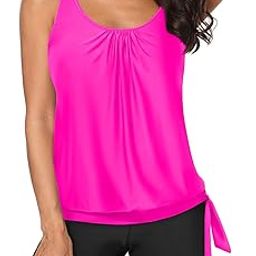 2 Piece Swimsuit for Women Blouson Tankini Top with Shorts Tummy Control Bathing Suit, Hot Pink, M-image-92