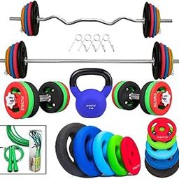 Amazon Brand - Symactive Best Home Gym Training (20 Kg to 50 Kg) Home Gym Set with Exclusive Neoprene Coated Weight Plates with 3 ft Curl (25MM) + 5 ft Plain Rod (25MM) (30 Kg)-30