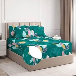 BSB HOME Premium Cotton Elastic Fitted Bedsheets with 2 King Size Pillow Covers | Double Bed with All Around Elastic 180 TC Supersoft | Size - 72 King Sizex78+10 in | Dark Green & White-picture-23