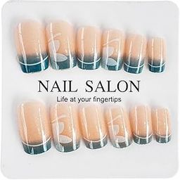 Press-On Nails Set, Beige with Green French Tips, 12 Pieces with Glue Stickers, for Wedding and Parties-image-61