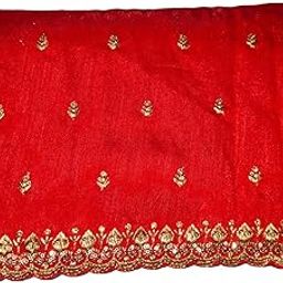 Red Raw Silk Blouse Material with Gold Embroidered Border and Motifs-image-14