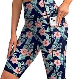 Women's High Waisted Swim Shorts with Pockets UPF50+ Long Board Swimming Shorts for Women with Liner, Navy flower, XX-Large-image-4
