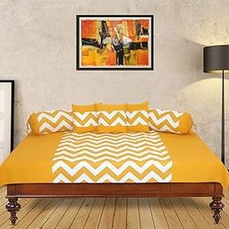 Dekor World 6 Piece Cotton Chevron Yellow Printed Collection Diwan Set for Living Room(150x175 cm)-1 Piece Diwan Sheet, 3 Piece Cushion Cover, 2 Piece Bolster Cover-image-1