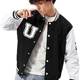 Alfaq Men’s Fleece Varsity Bomber Jacket with Letter Patch Casual Baseball Style Coat, Lightweight Streetwear Outerwear-image-1