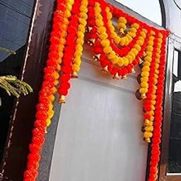 Rajasthan Kraft Artificial Fluffy Flower Marigold with Bell Door Hanging Bandanwar Colour Yellow & Orange, Size 40X52 Inch Pack of 1 (B0029)-image-75