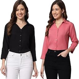 Women Regular Fit Solid V Collered Casual Shirt (Pack of 2)-image-70