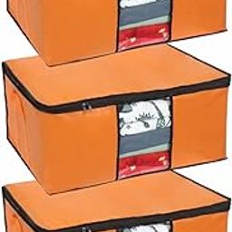 Pretty Krafts Set of 3 Non Woven Underbed Storage Bag with Handles, Clear Window & Zipper Lock | Quilt, Comforter & Blanket Cover Organiser | Foldable Cloth Storage Closet Bag (62x45x30cm, Orange)-31