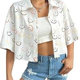Women's Short Sleeve Button-Down Shirt | Printed Casual Crop Top | Stylish Collared Shirt for Women | Oversized Shirt for Women-image-27