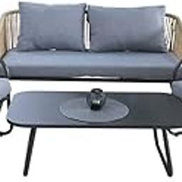 DEVOKO Outdoor Furniture Collection Bistro Set with Cushion 4-Piece Rope Patio Backyard Living Set with Center Table for Garden, Balcony (Beige & Grey)-image-15