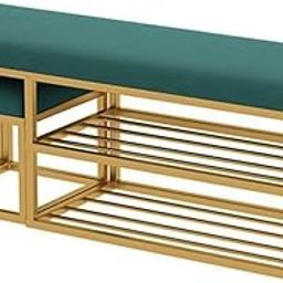 BULKWOOD Shoe Rack Bench Organizer with Mesh Seat for Bedroom Entry Window Mudroom Living Room, 2-Tier Fleece Bench Bench for Entryway (Green Gold)-picture-25