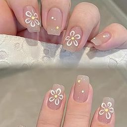 Nakhi 24 Reusable Artificial Fake Nail Set | Base Peach colour with Flower Design Glossy Nails | Lightweight & Long Lasting | Quick Fix For Festivals & Special Occasions-0
